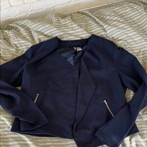 Navy Blue Tailored Cropped Blazer with Zipper Closure
